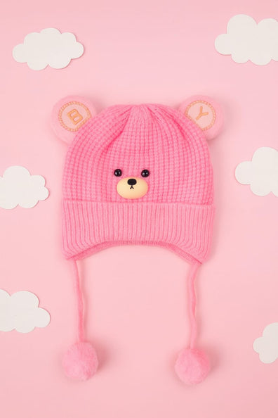 Light Pink Baby Bear Face Fashion Knitted Warm Winter Wool Cap (1 Years -5 Years) CP5102E
